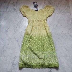 NWT Girls Yellow and Green polkadot short sleeve dress with Ruched Waist Size 14